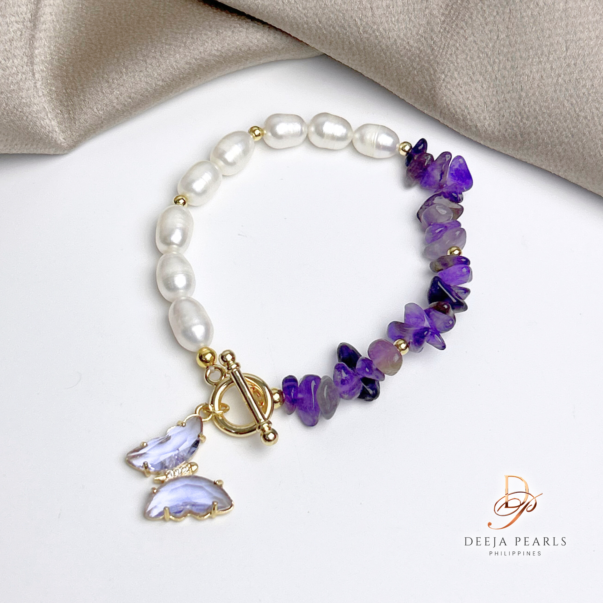 DPB114 • Freshwater Pearl Bracelet with Natural Gemstones Butterfly Pendant