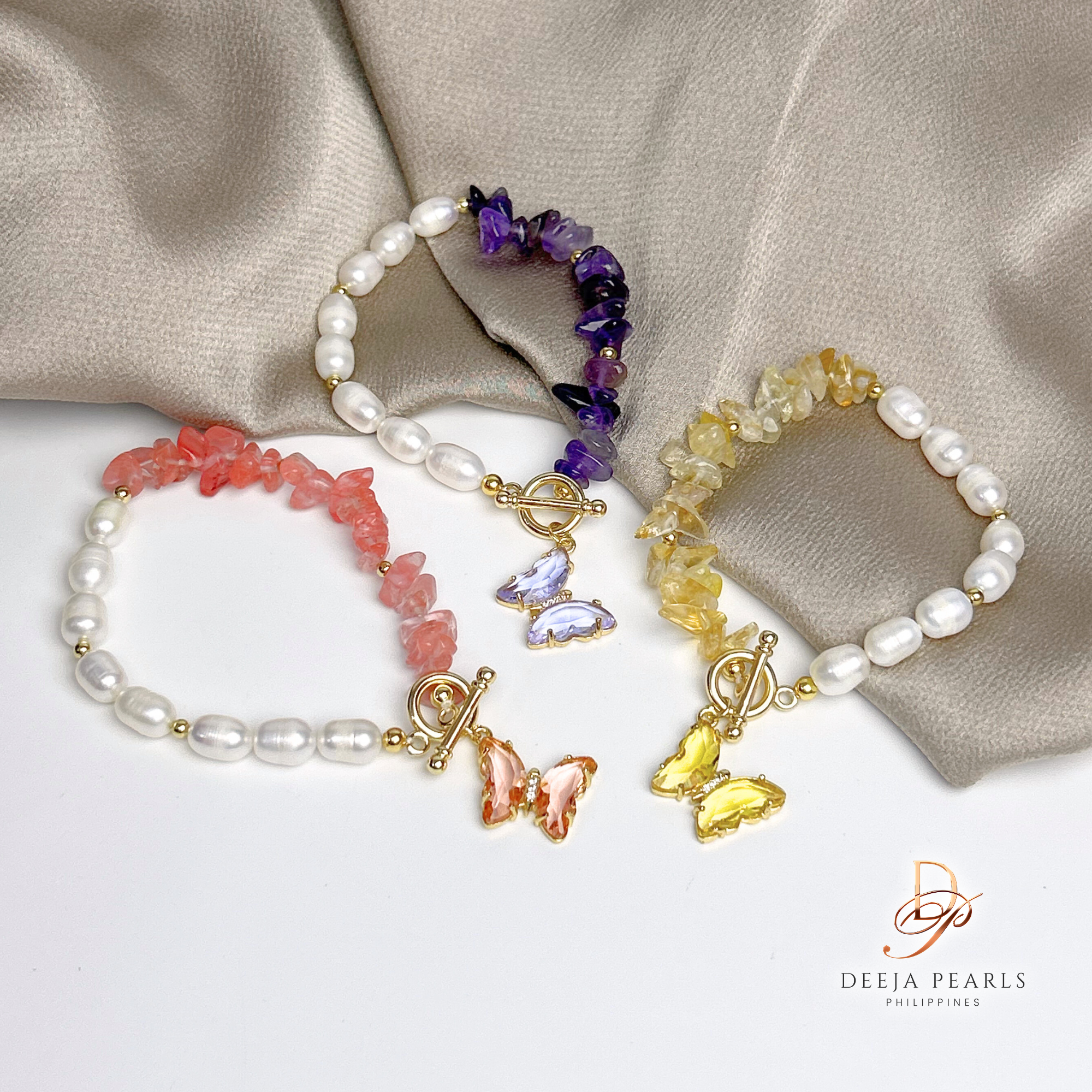 DPB114 • Freshwater Pearl Bracelet with Natural Gemstones Butterfly Pendant