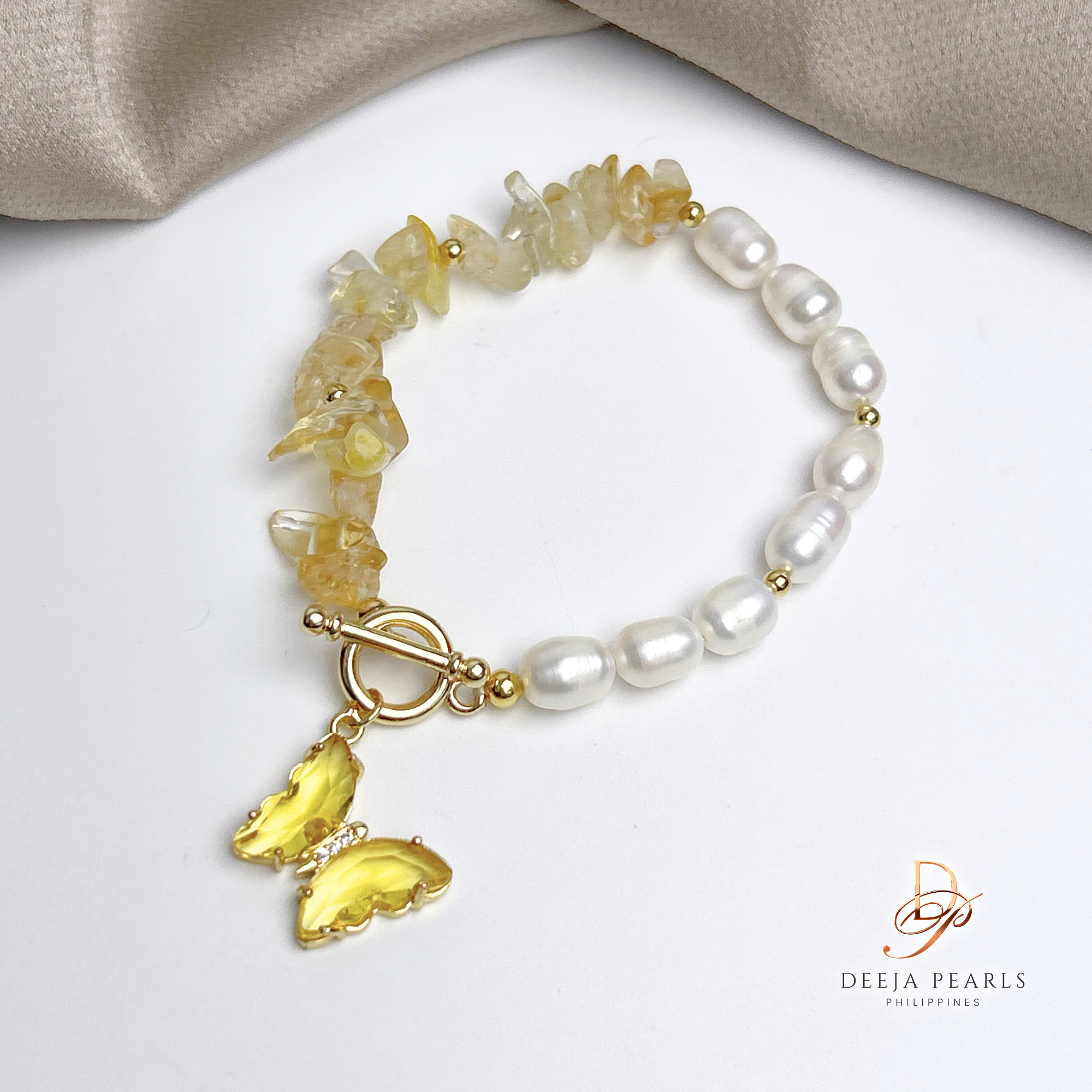 DPB114 • Freshwater Pearl Bracelet with Natural Gemstones Butterfly Pendant