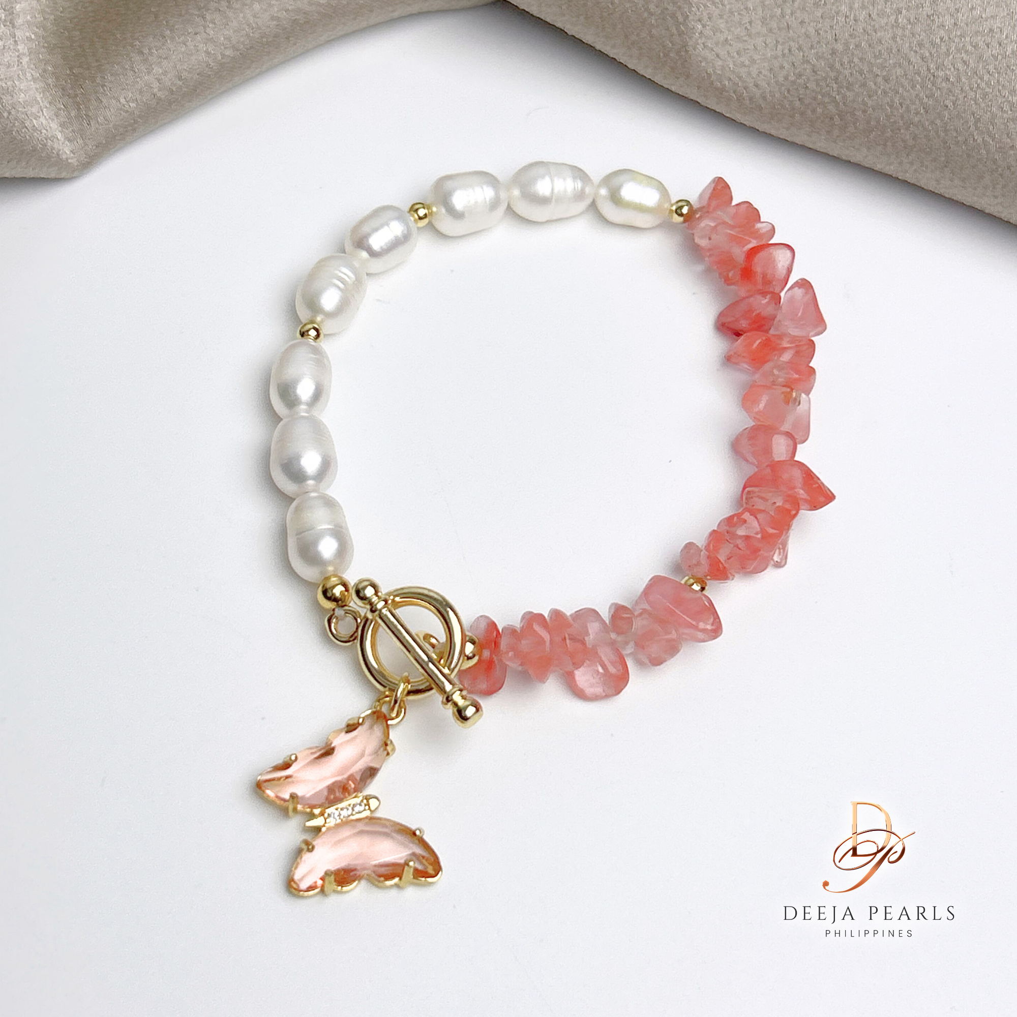 DPB114 • Freshwater Pearl Bracelet with Natural Gemstones Butterfly Pendant