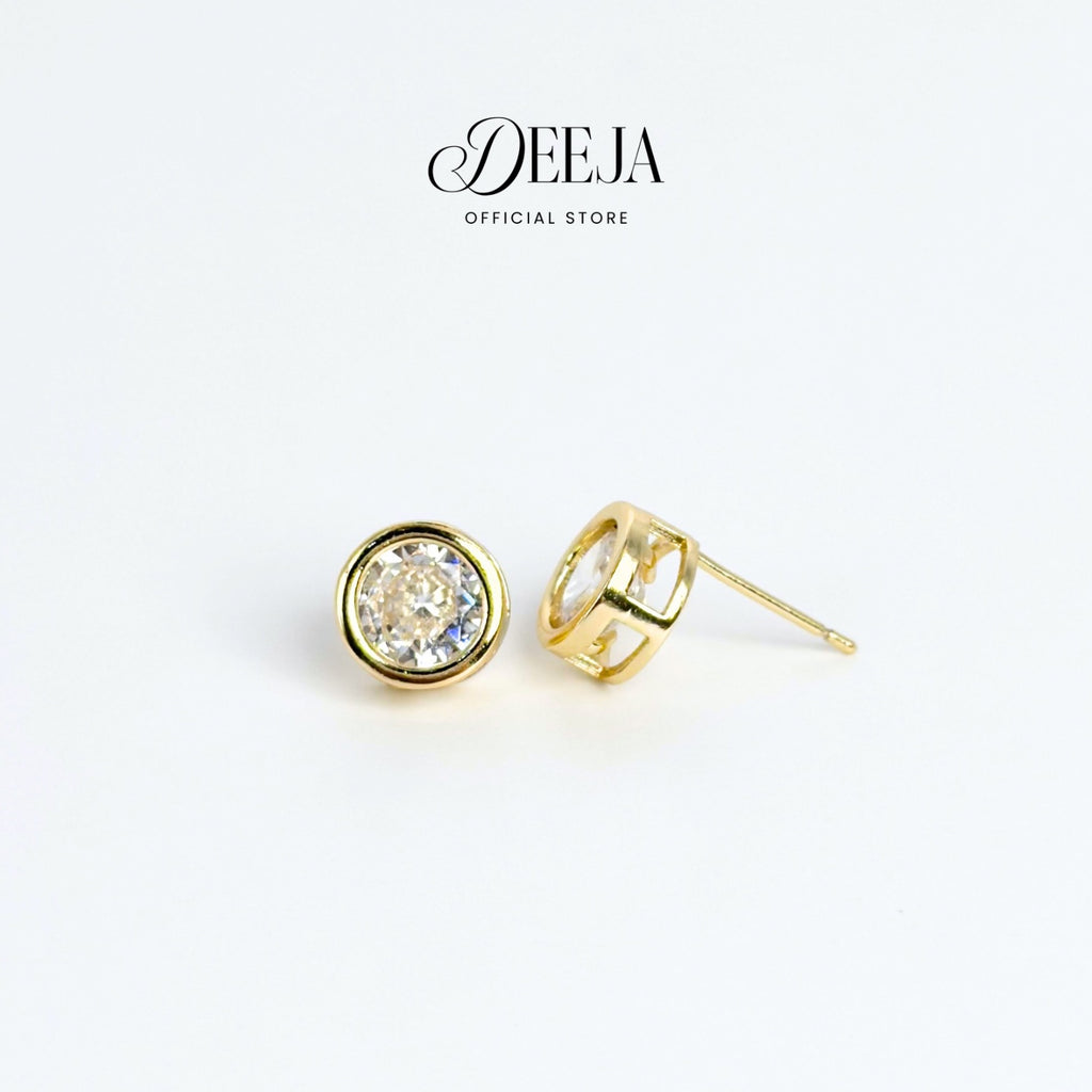 Deeja • Round Swiss Diamond Bezel Stud Earrings 18K Gold Coated XN10750