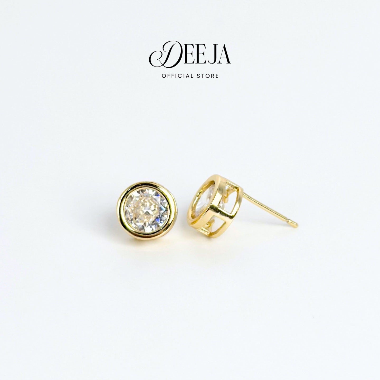Deeja • Round Swiss Diamond Bezel Stud Earrings 18K Gold Coated XN10750