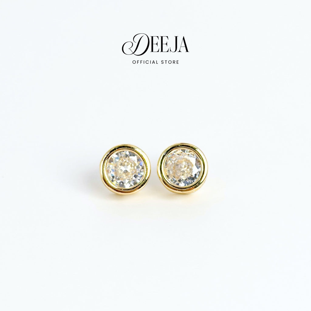 Deeja • Round Swiss Diamond Bezel Stud Earrings 18K Gold Coated XN10750