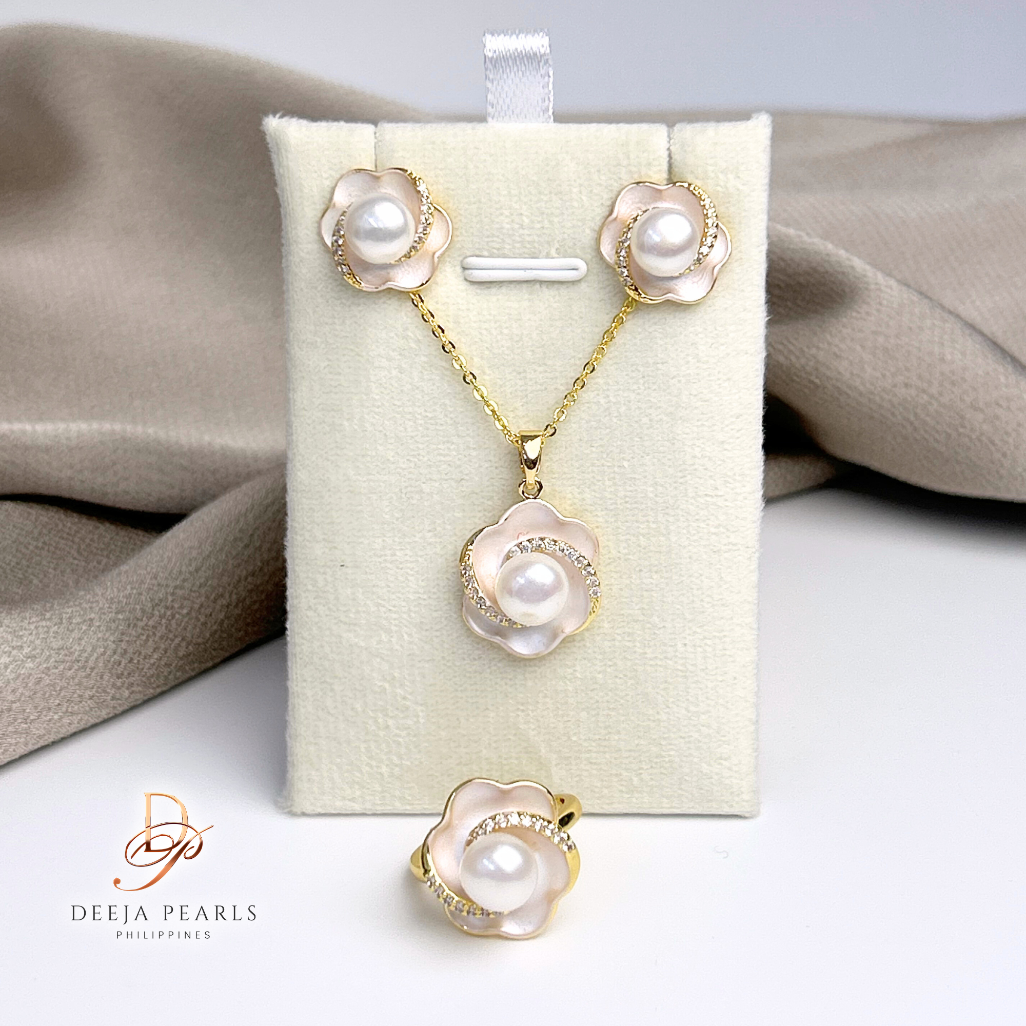 DPS133 • Freshwater Pearl Necklace, Earrings and Adjustable Ring Set