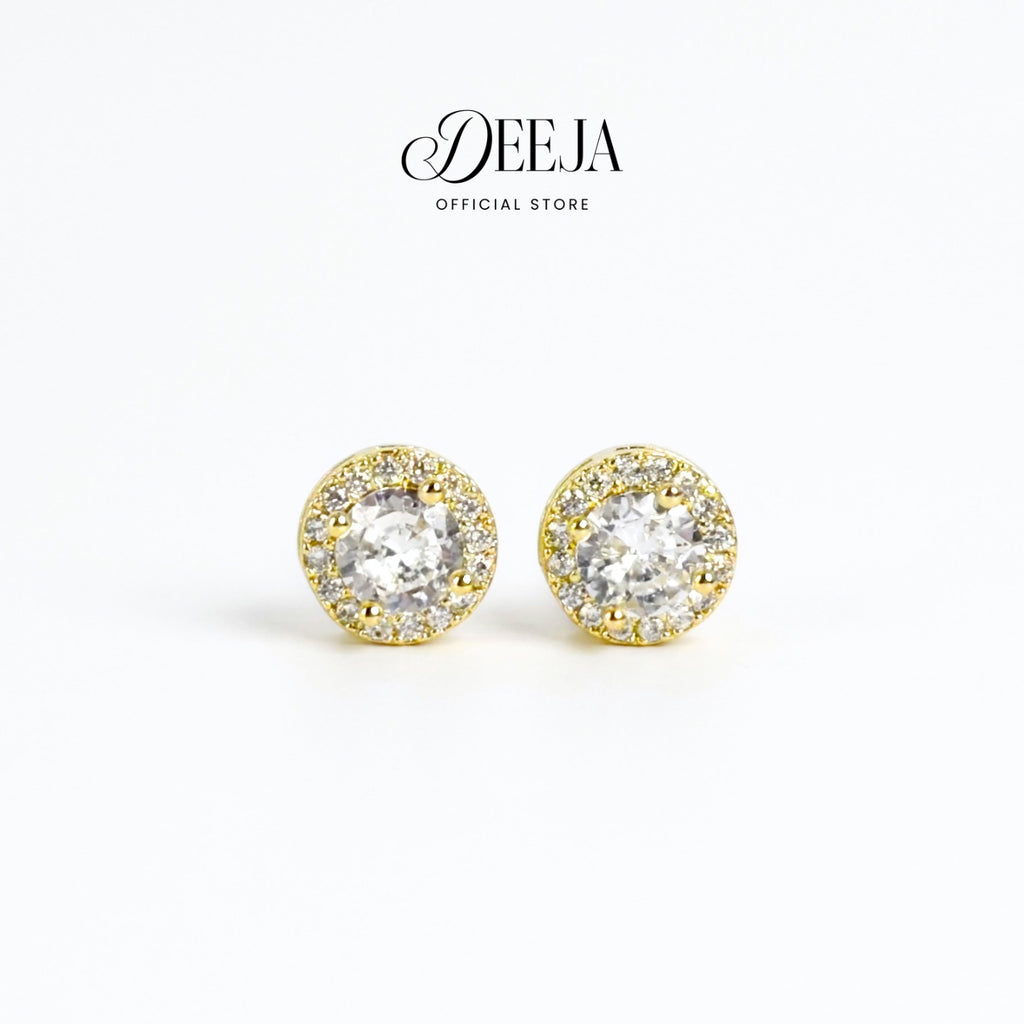 Deeja • Round Halo Swiss Diamond Stud Earrings 18K Gold Coated XN10750