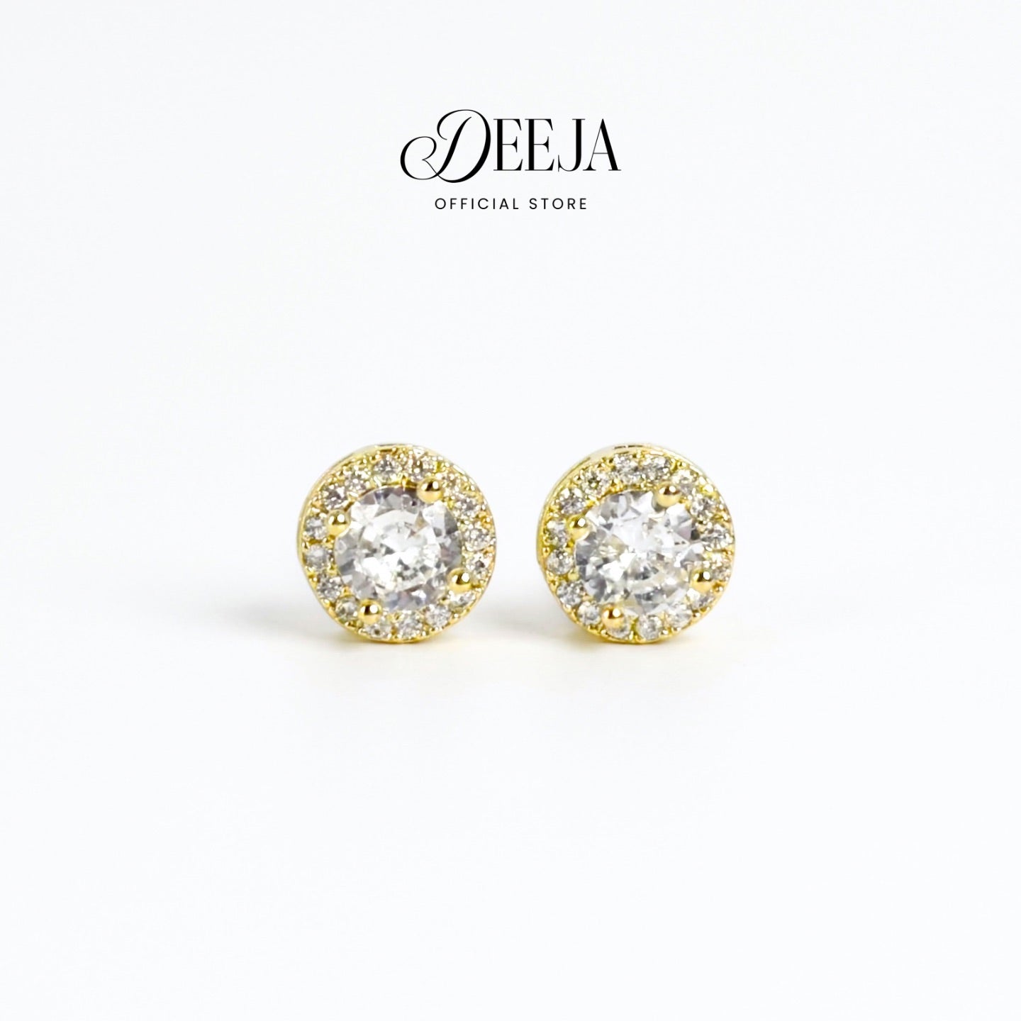 Deeja • Round Halo Swiss Diamond Stud Earrings 18K Gold Coated XN10750