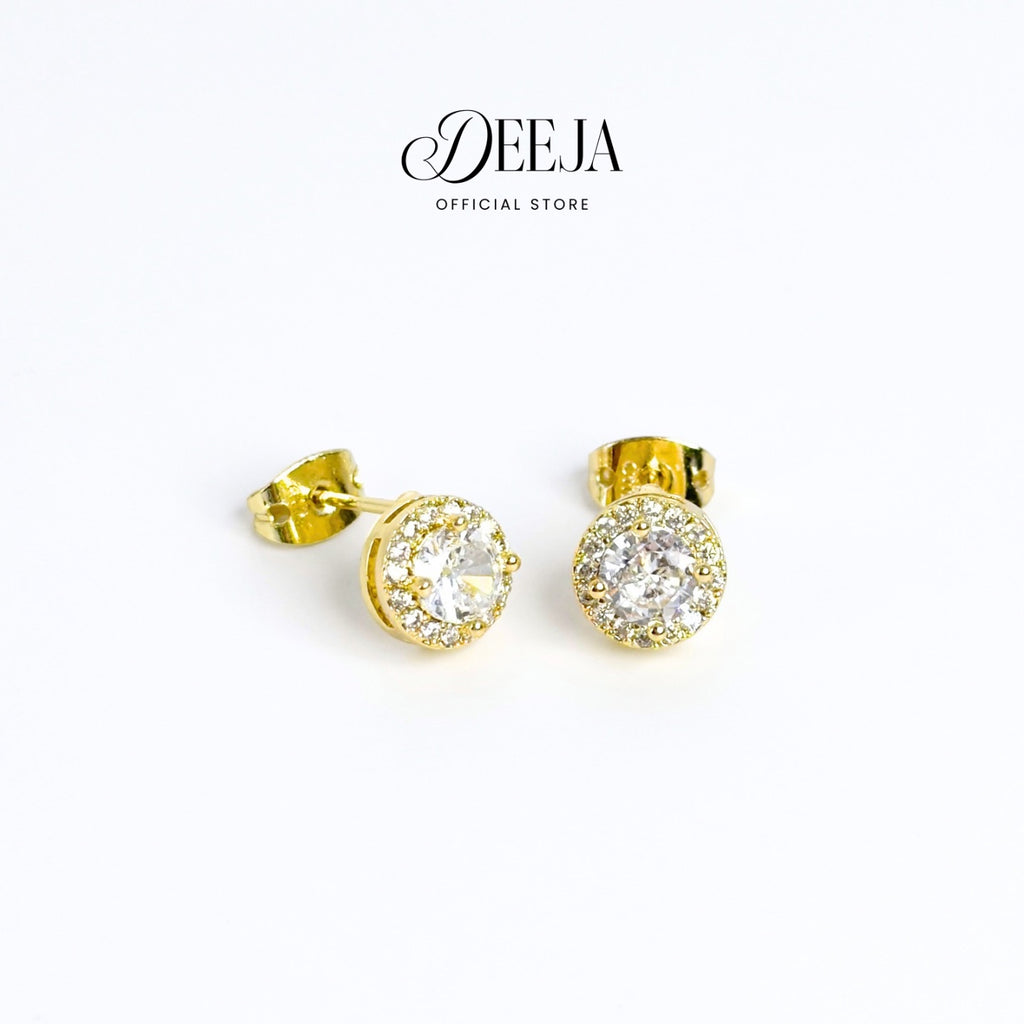 Deeja • Round Halo Swiss Diamond Stud Earrings 18K Gold Coated XN10750