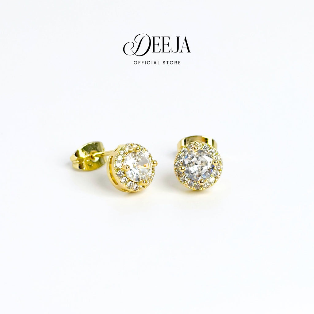 Deeja • Round Halo Swiss Diamond Stud Earrings 18K Gold Coated XN10750