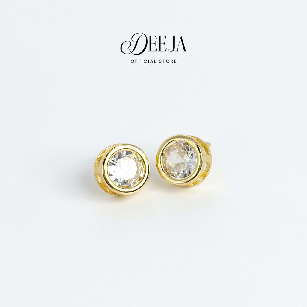 Deeja • Round Swiss Diamond Bezel Stud Earrings 18K Gold Coated XN10750
