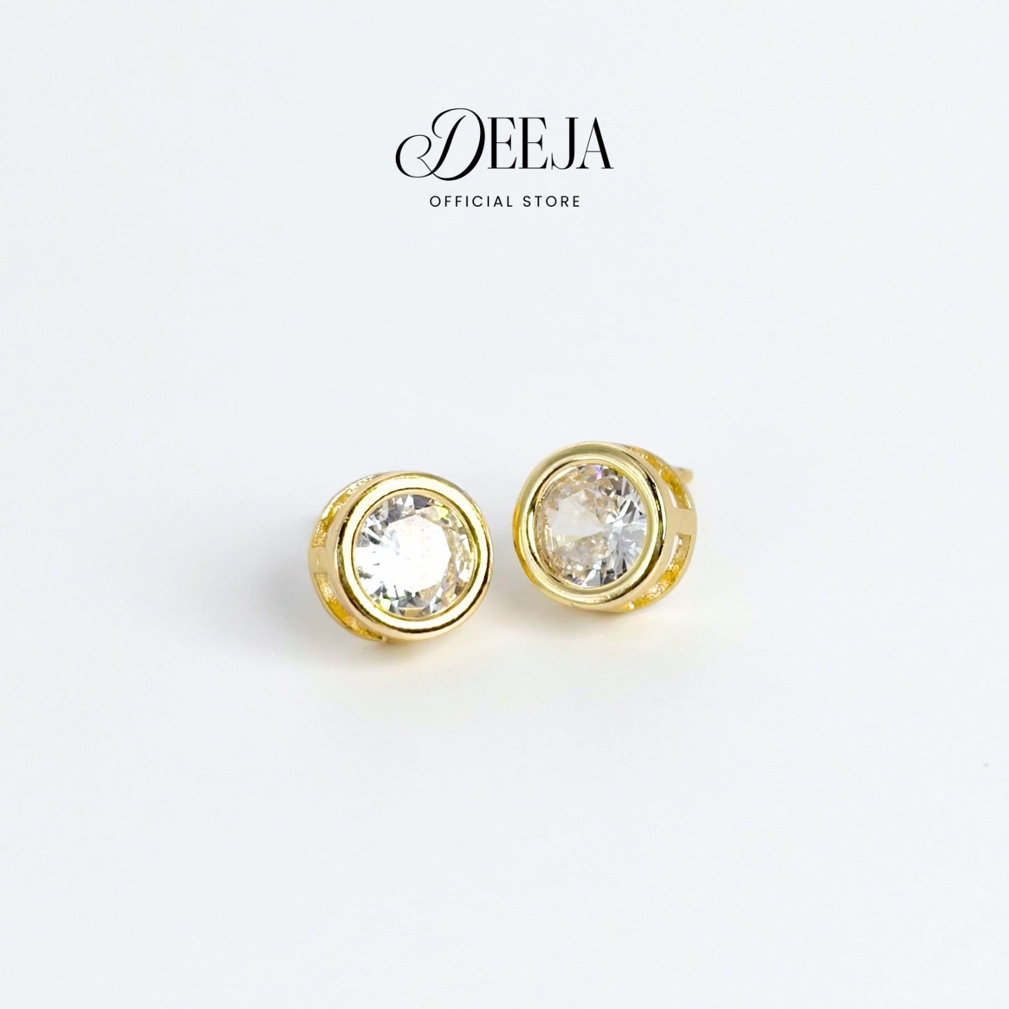 Deeja • Round Swiss Diamond Bezel Stud Earrings 18K Gold Coated XN10750
