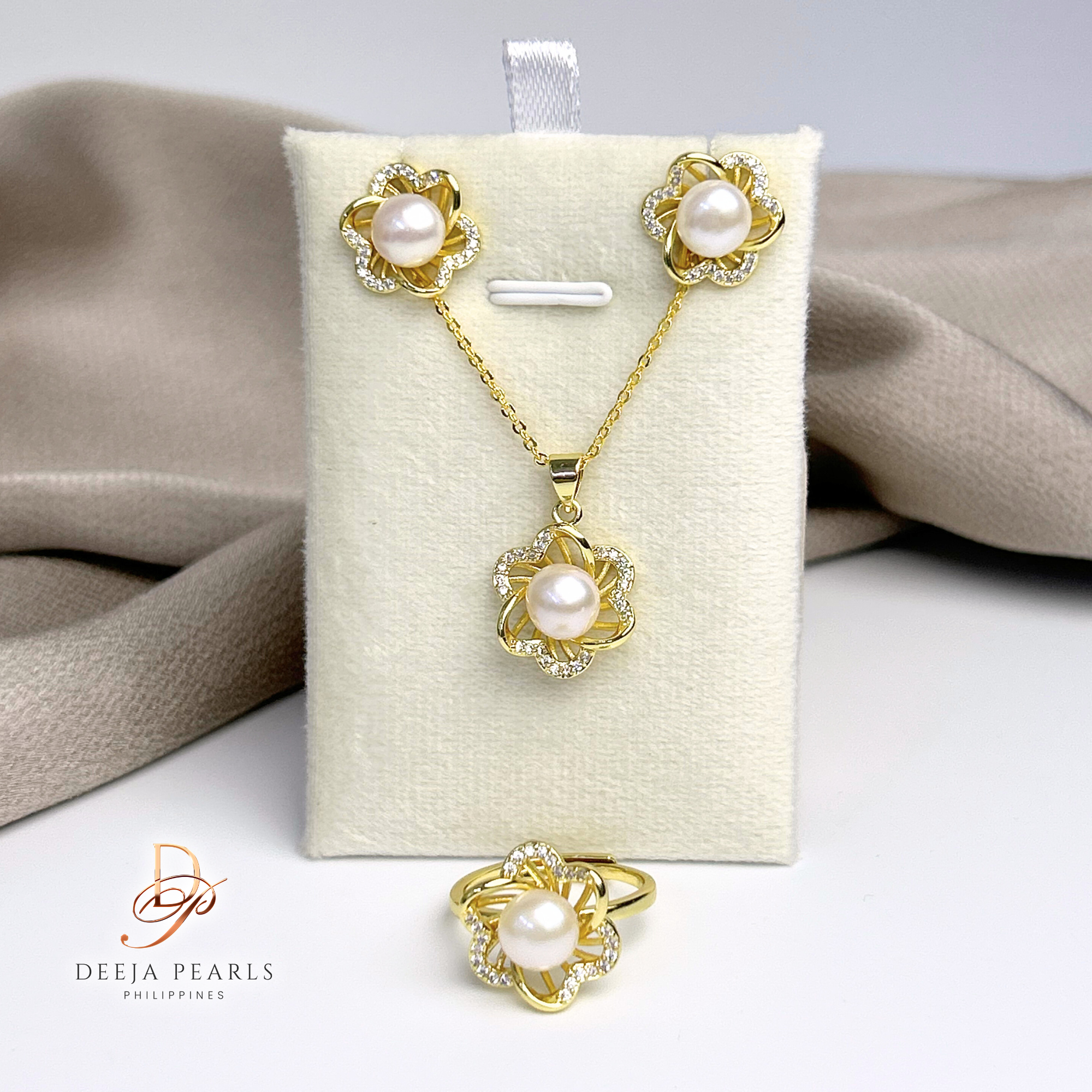 DPS129 • Freshwater Pearl Necklace, Earrings and Adjustable Ring Set