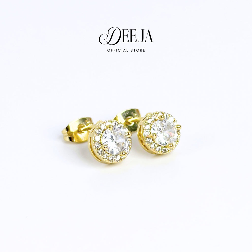 Deeja • Round Halo Swiss Diamond Stud Earrings 18K Gold Coated XN10750