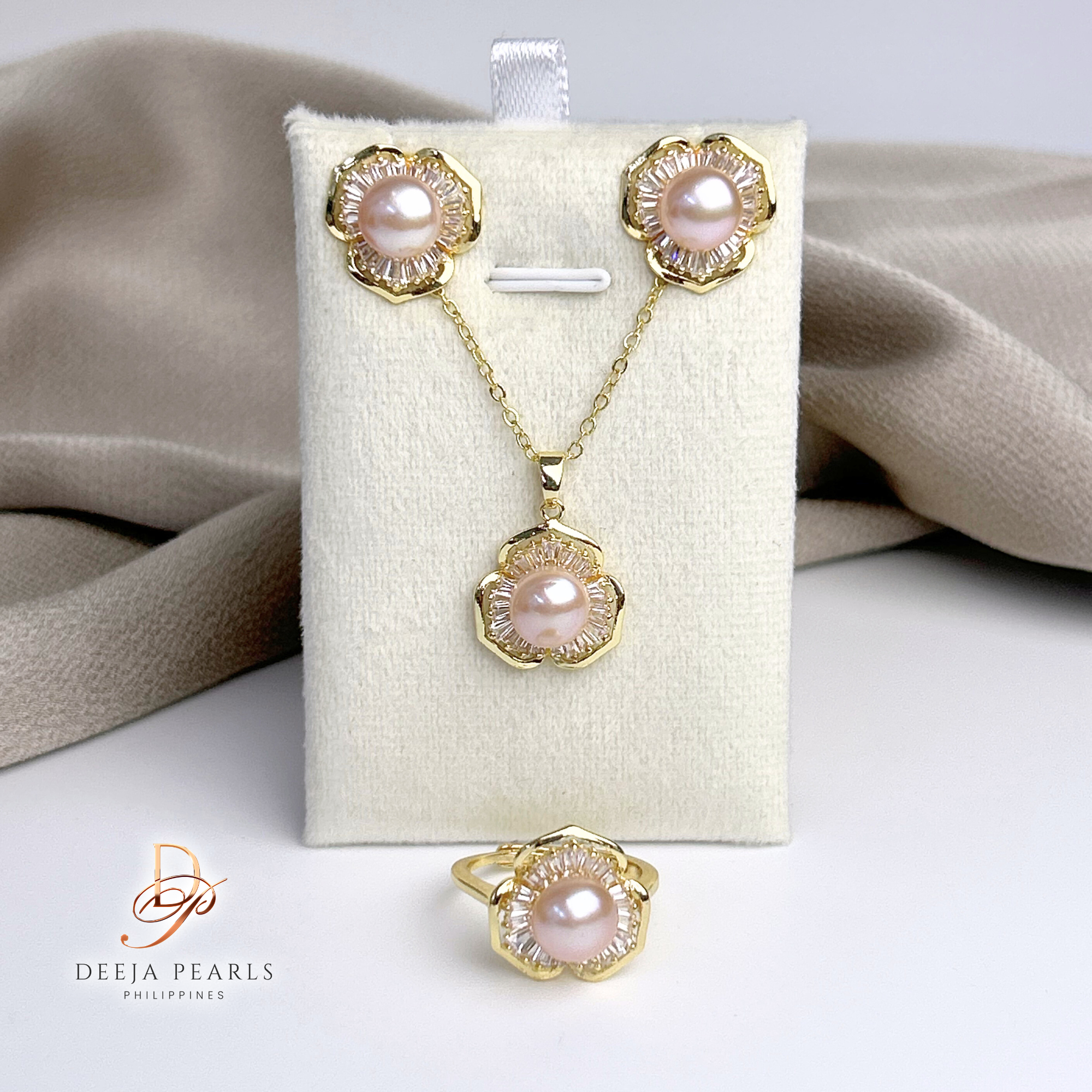 DPS125 • Freshwater Pearl Necklace, Earrings and Adjustable Ring Set