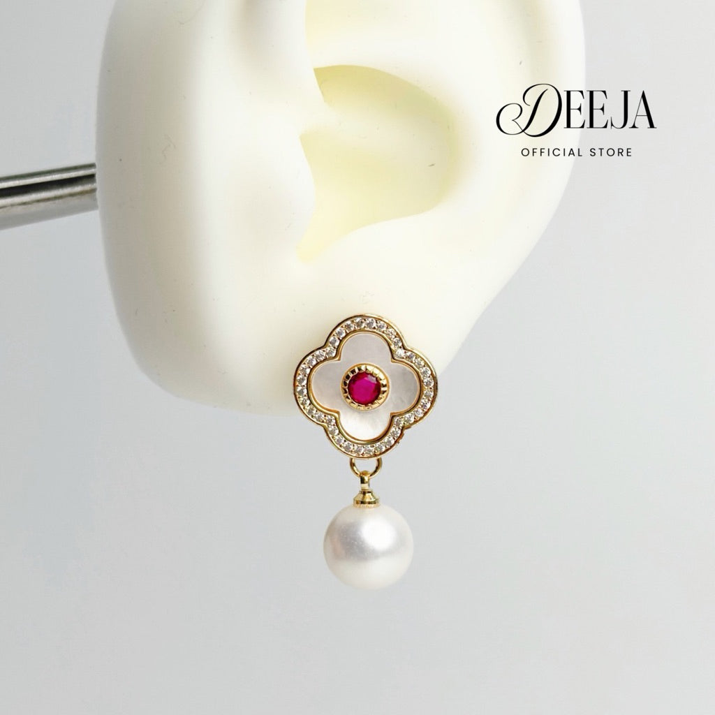 Deeja • Ruby Clover Dangling Earrings Freshwater Pearl FPE10190