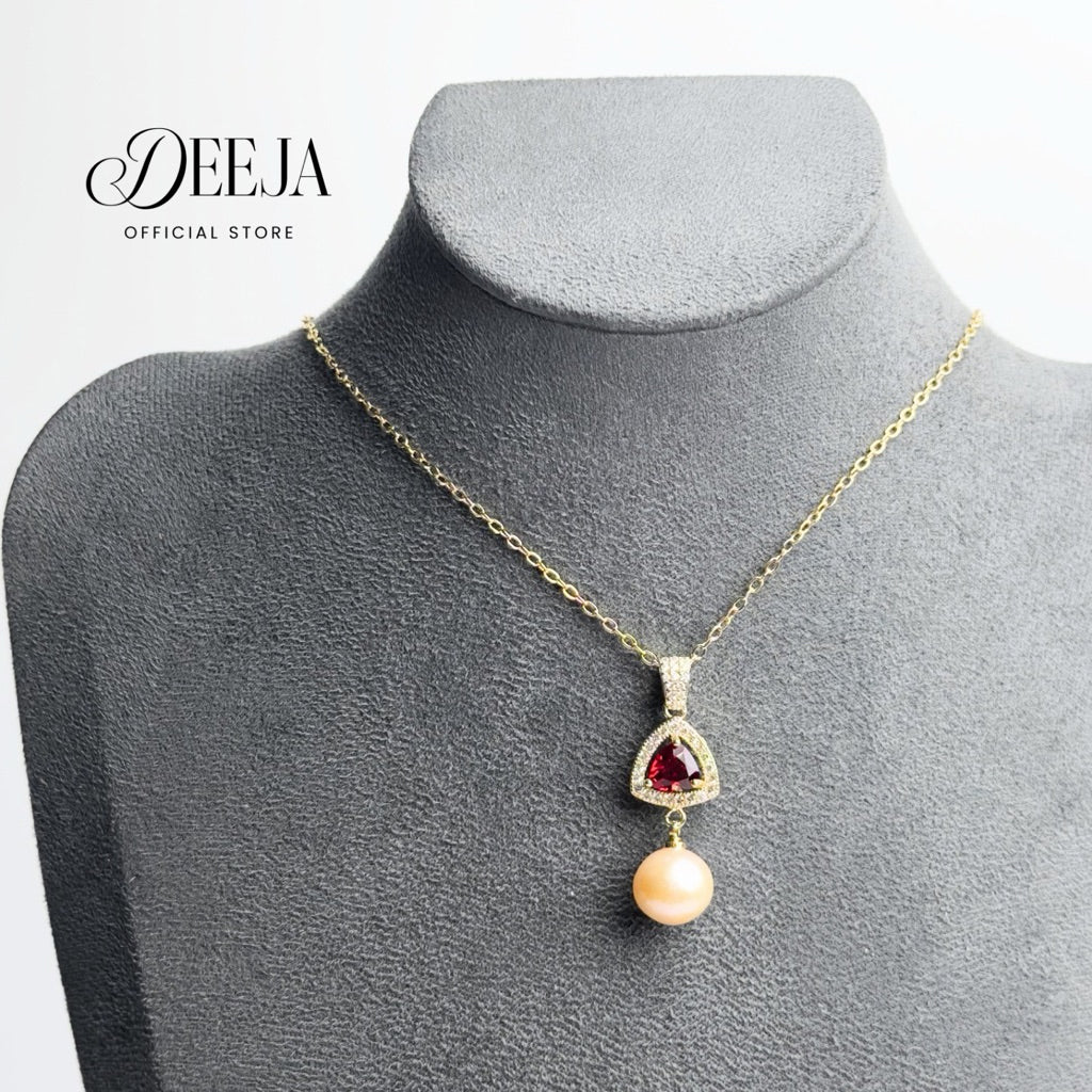 Deeja • Ruby Halo Salmon Freshwater Pearl Pendant Necklace FPN10155