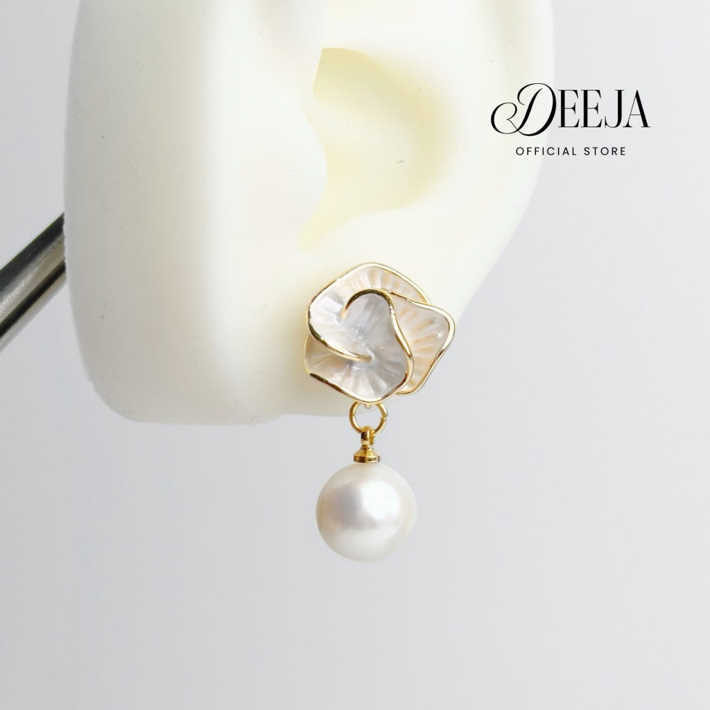 Deeja • White Camellia Freshwater Pearl Dangling Earrings FPE10180