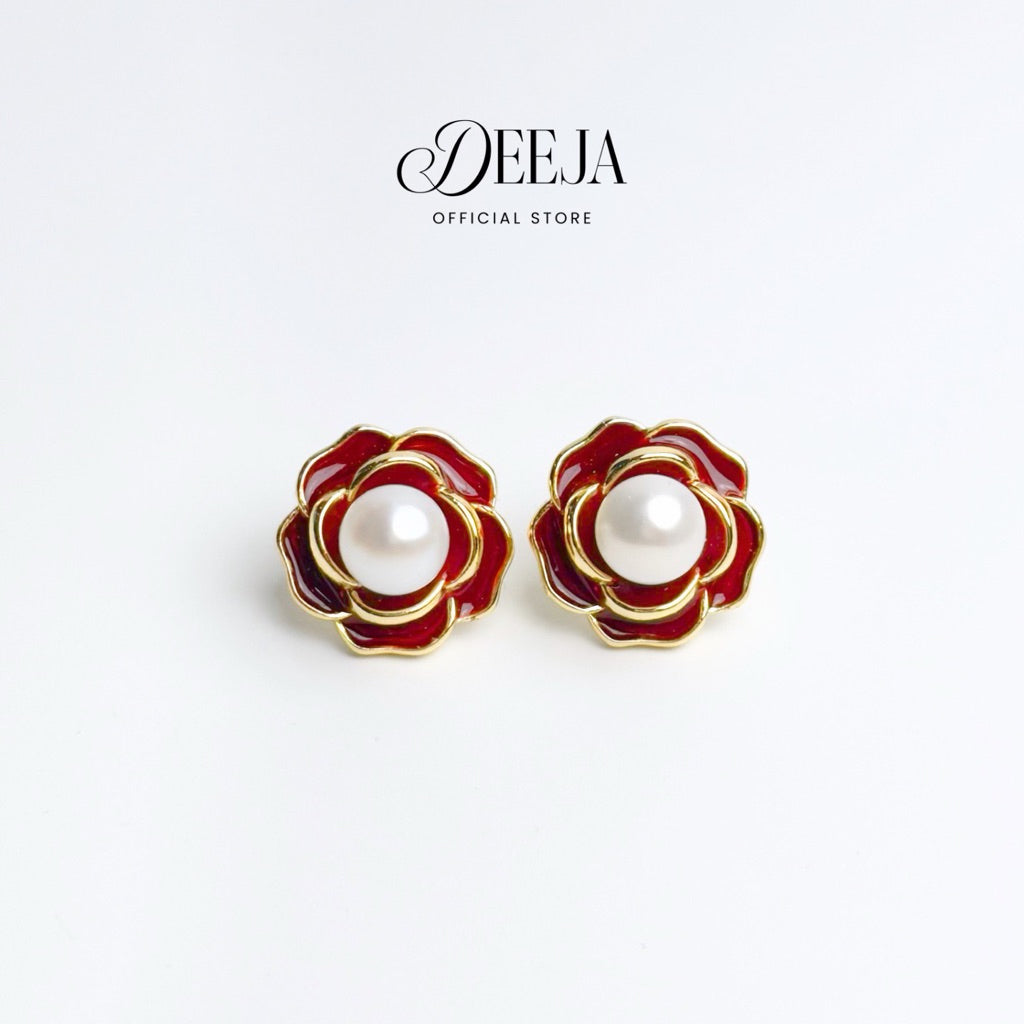 Deeja • Red Camelia Stud Earrings Freshwater Pearl FPE10148