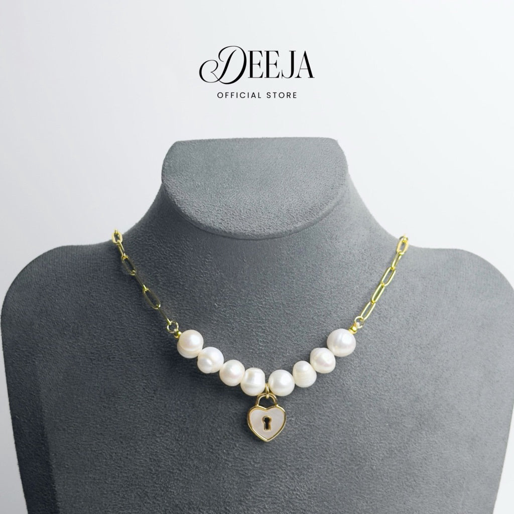 Deeja • Paperclip Heart Lock Pendant Freshwater Pearl Necklace FPN10155