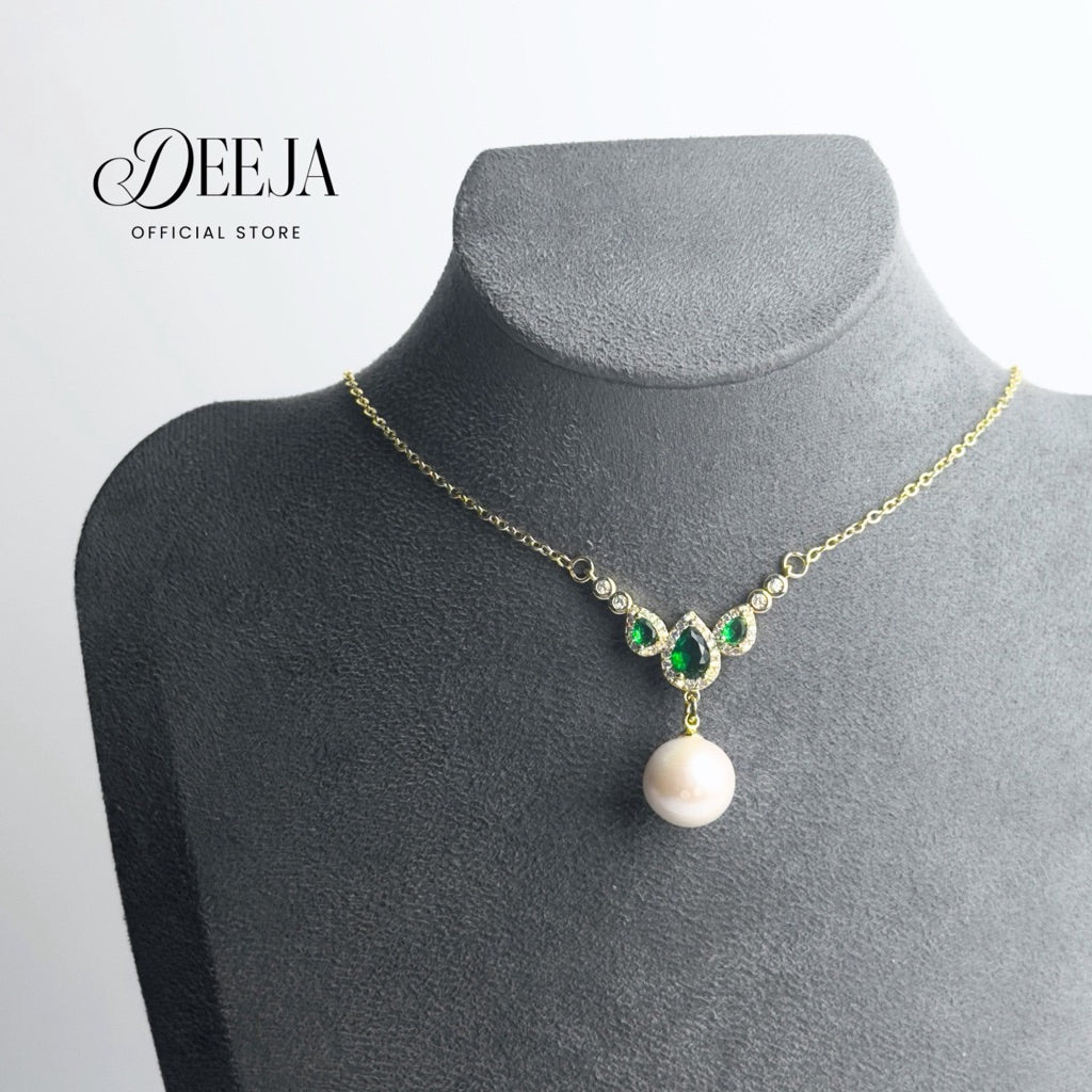 Deeja • Edison Pearl Emerald Halo Pendant Necklace FPN10265